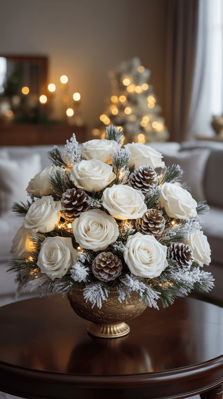 A festive floral arrangement with white roses, pinecones, and frosted pine branches in a decorative gold vase, illuminated by soft lights, set on a wooden table against a blurred background with holiday lights.