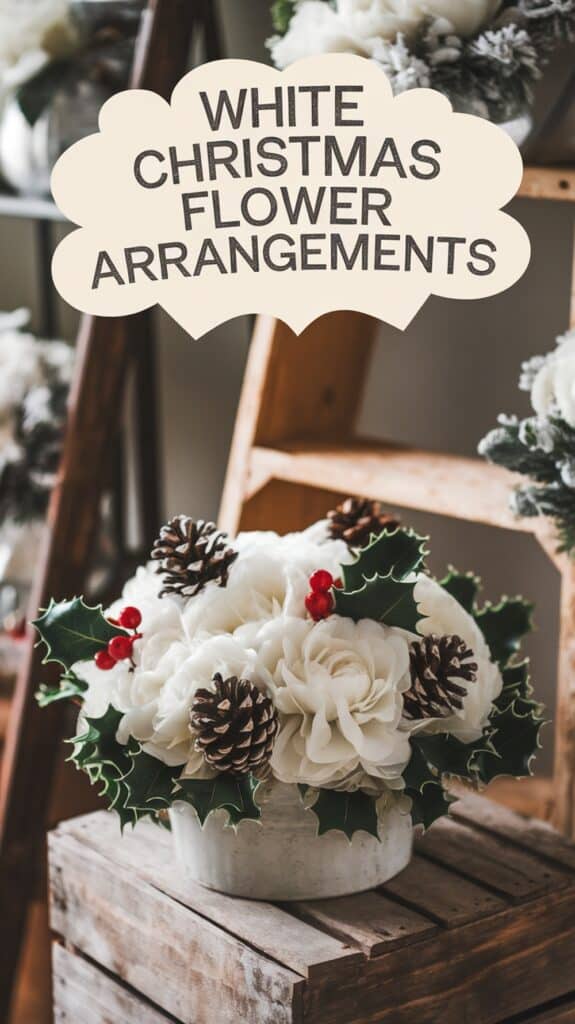 A festive flower arrangement featuring white roses, pinecones, holly leaves, and red berries in a rustic container, with a wooden background and text reading "White Christmas Flower Arrangements."