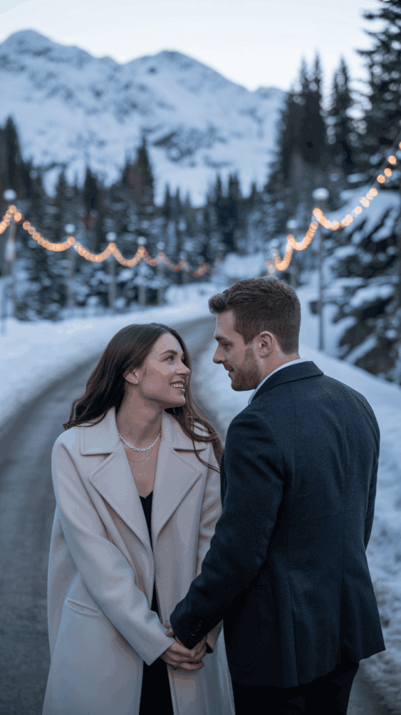 A couple dressed in formal wear is standing in a snowy mountain setting, holding hands and smiling at each other, with string lights in the background.