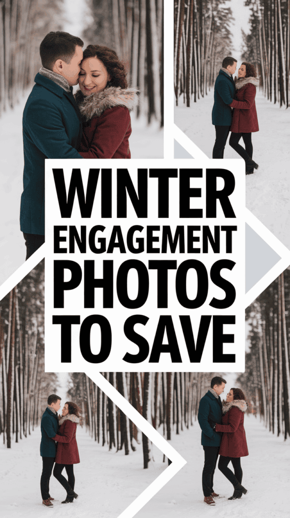 Collage of a couple embracing in a snowy forest, with text that reads "Winter Engagement Photos to Save."