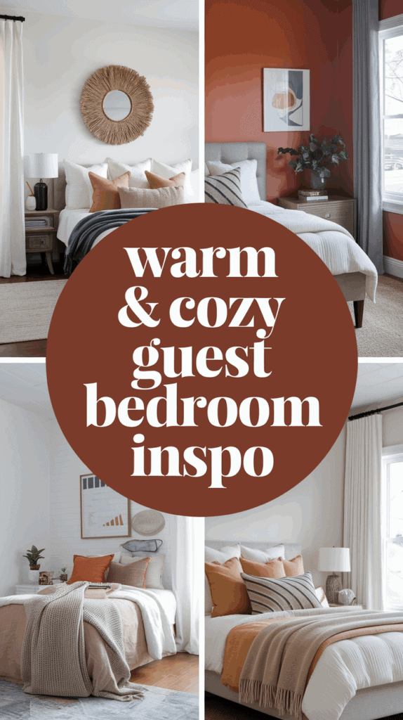 A collage of cozy and warm guest bedroom designs featuring neutral colors, soft textiles, and stylish decor elements. Central text reads "warm & cozy guest bedroom inspo" on a circular brown background.