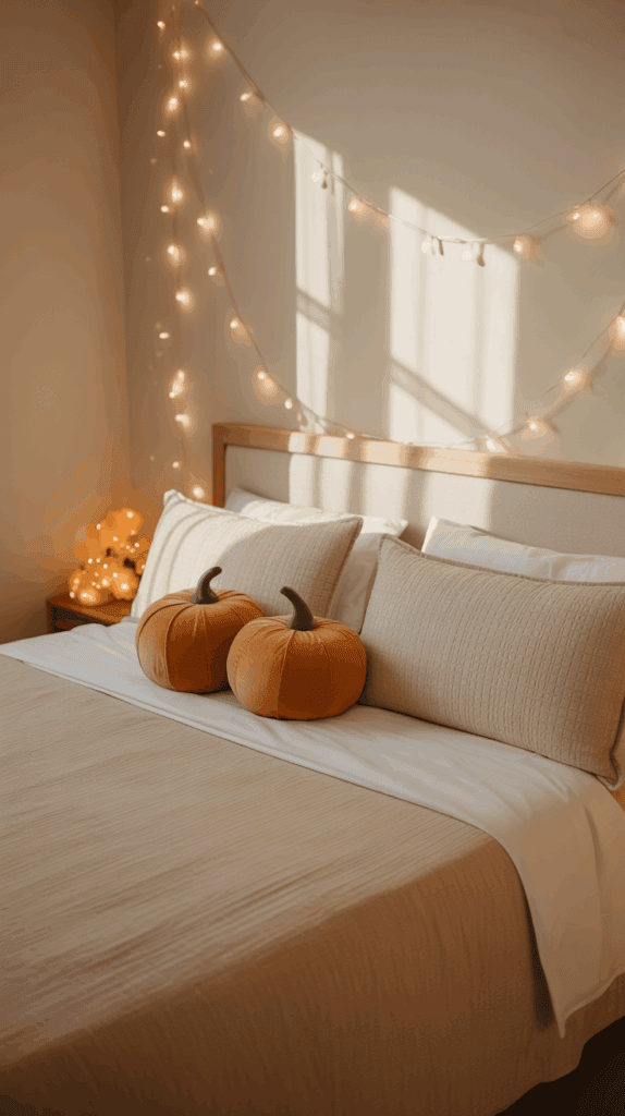 Cozy bedroom with beige bedding, decorated with pumpkin-shaped pillows and warm string lights hanging on the wall.