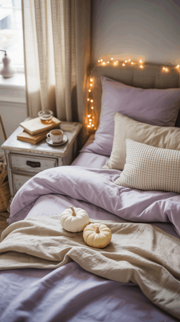 A cozy bedroom scene featuring a bed with lavender bedding and decorative pillows, adorned with two small white pumpkins. The headboard is decorated with string lights, creating a warm ambiance. A rustic nightstand beside the bed holds a teacup, saucer, and a stack of books.