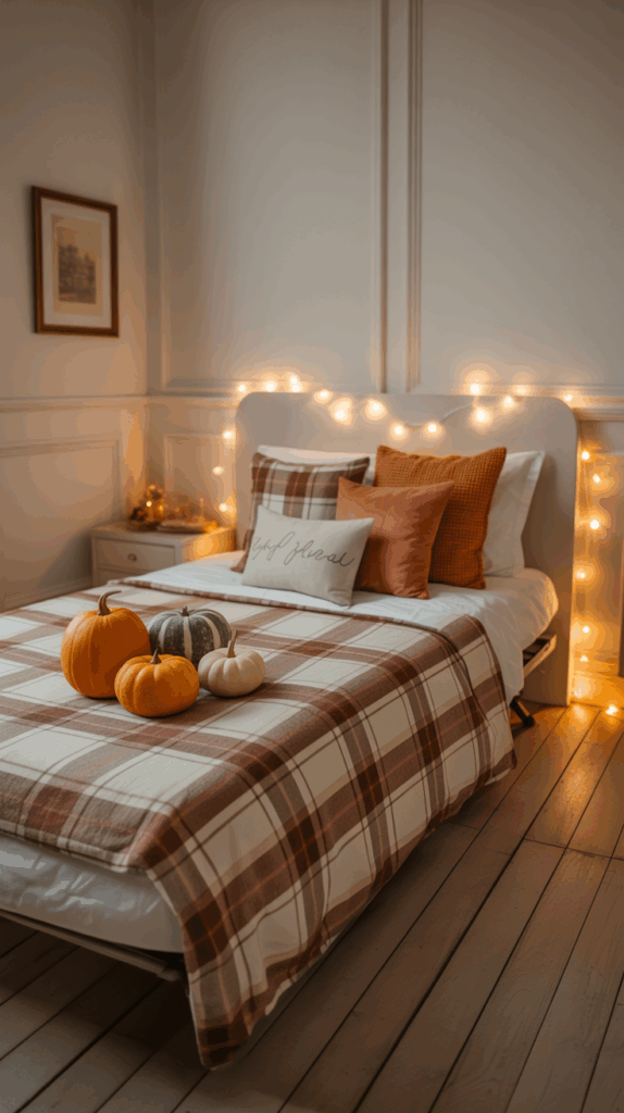 A cozy bedroom with a bed featuring a plaid blanket and several pumpkins arranged at the foot. The bed is decorated with a variety of pillows in autumnal colors, and a string of warm fairy lights is draped over the headboard. There is a framed picture on the wall next to the bed.