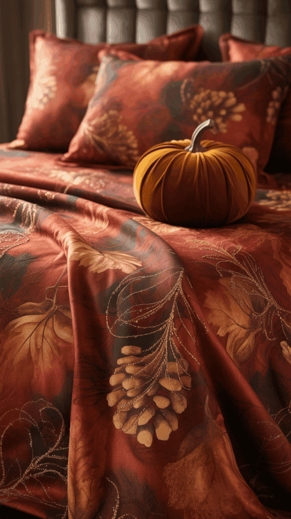 A bed adorned with red and gold autumn-themed linens featuring leaf and pine cone patterns, accompanied by pillows and a decorative fabric pumpkin on top of the blanket.