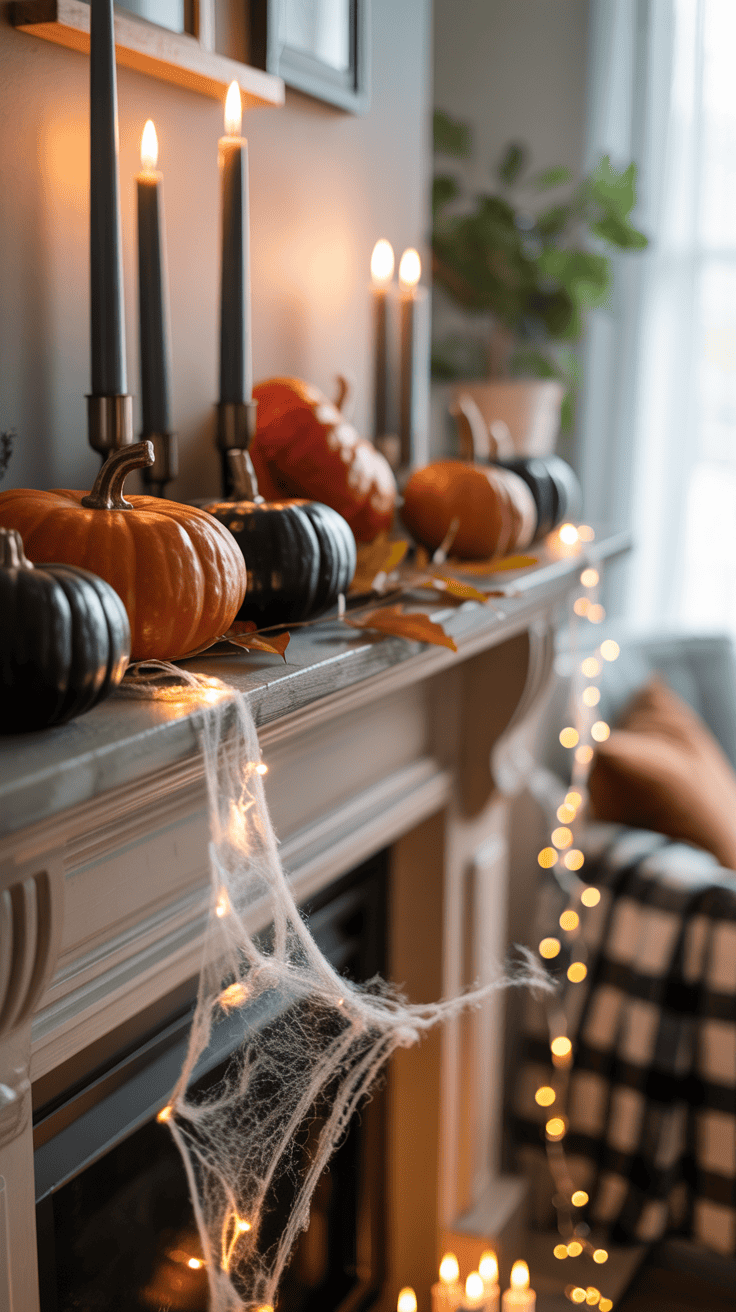 A Halloween-themed mantle decorated with pumpkins, black candles, artificial cobwebs, and string lights, creating a cozy autumn atmosphere.