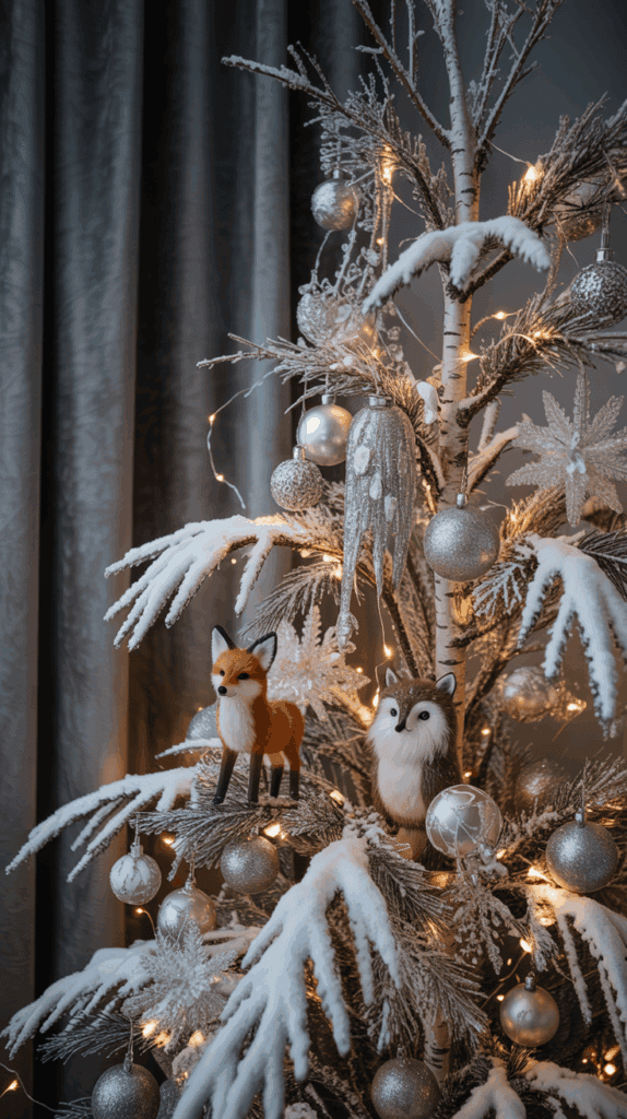 A Christmas tree adorned with snow-covered branches, silver ornaments, and warm lights, featuring plush figures of a fox and an owl among the decorations, set against a gray curtain background.