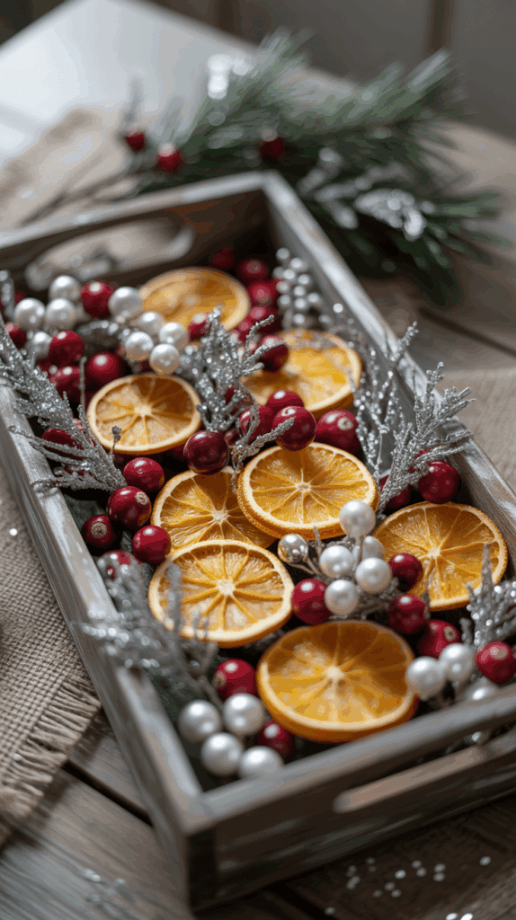 A festive arrangement featuring dried orange slices, red berries, and pearl-like decorations, placed in a wooden tray with silver glittered branches, set on a wooden table with a burlap cloth.