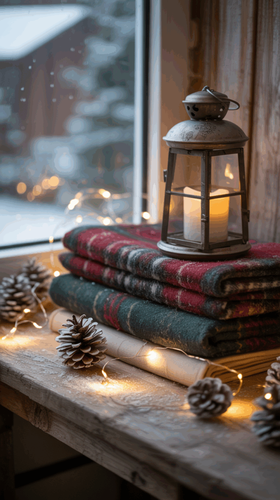 A cozy winter scene with folded wool blankets, pinecones, and fairy lights on a wooden surface beside a window. A lantern with a lit candle adds warmth to the snowy outdoor view.