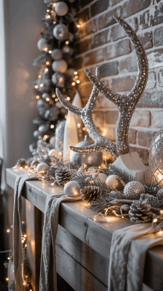 A festive holiday display on a wooden tabletop featuring a large, glittery antler decoration, surrounded by pinecones, silver ornaments, and greenery. Small string lights illuminate the scene against a brick wall backdrop.