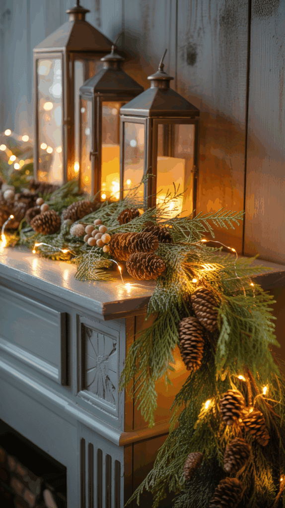 A festive fireplace mantel decorated with lit lanterns, pinecones, greenery, and string lights, creating a cozy atmosphere.