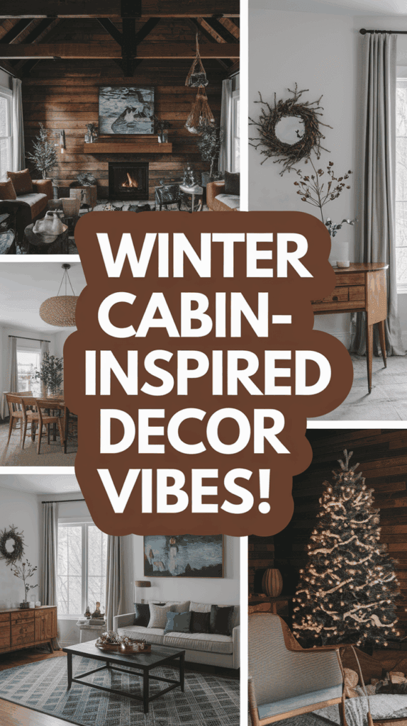 Collage of rooms with winter cabin-inspired decor, featuring wooden walls, a fireplace, a dining set, wreath accents, and a decorated Christmas tree, with text overlay 'Winter Cabin-Inspired Decor Vibes!' in bold letters.
