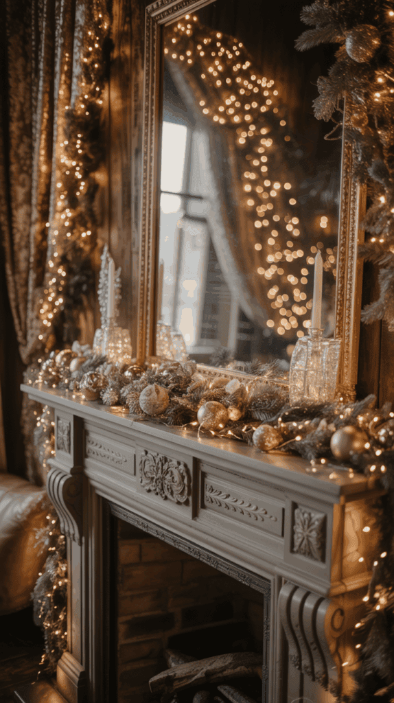A decorated fireplace with garlands, ornaments, and string lights, reflecting in a large mirror, creating a warm and festive ambiance.