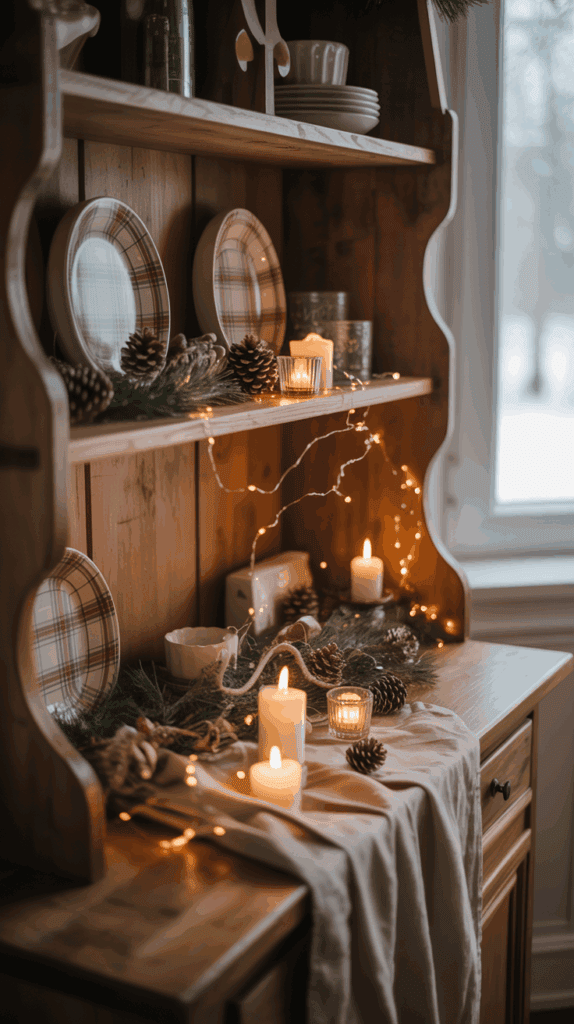 A wooden hutch decorated for a cozy winter theme with candles, pine cones, evergreen branches, and string lights. Plaid-patterned plates, a linen cloth, and stacked dishes are also visible, creating a warm, rustic ambiance against the backdrop of a snowy window view.
