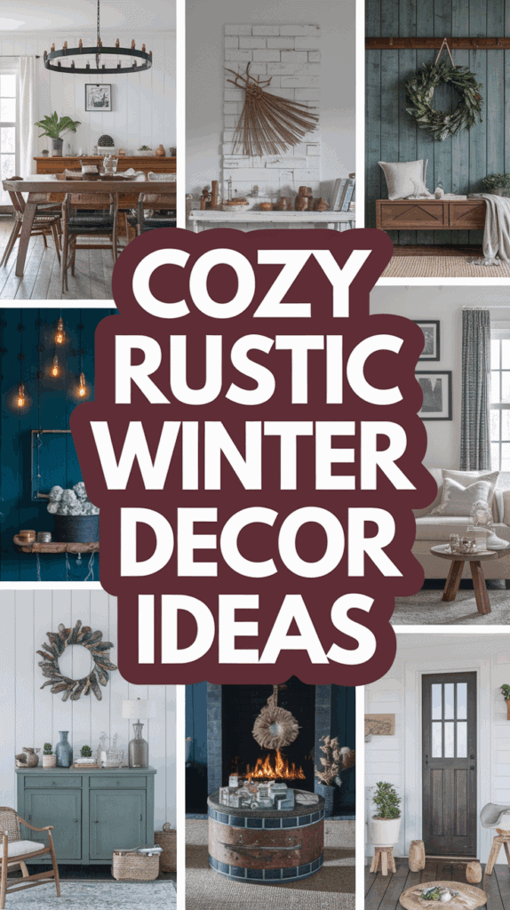 Collage featuring various cozy rustic winter decor ideas, including a dining room with a wooden table and chandelier, a fireplace with a wreath, and a living room with wooden accents. The text "Cozy Rustic Winter Decor Ideas" overlays the images.