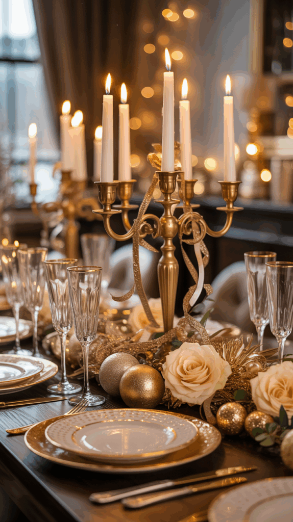 A luxurious dining table setting with gold-rimmed plates, crystal glasses, and a gold candelabra adorned with lit candles. The table is decorated with ivory roses and golden ornaments, creating an elegant and festive atmosphere.