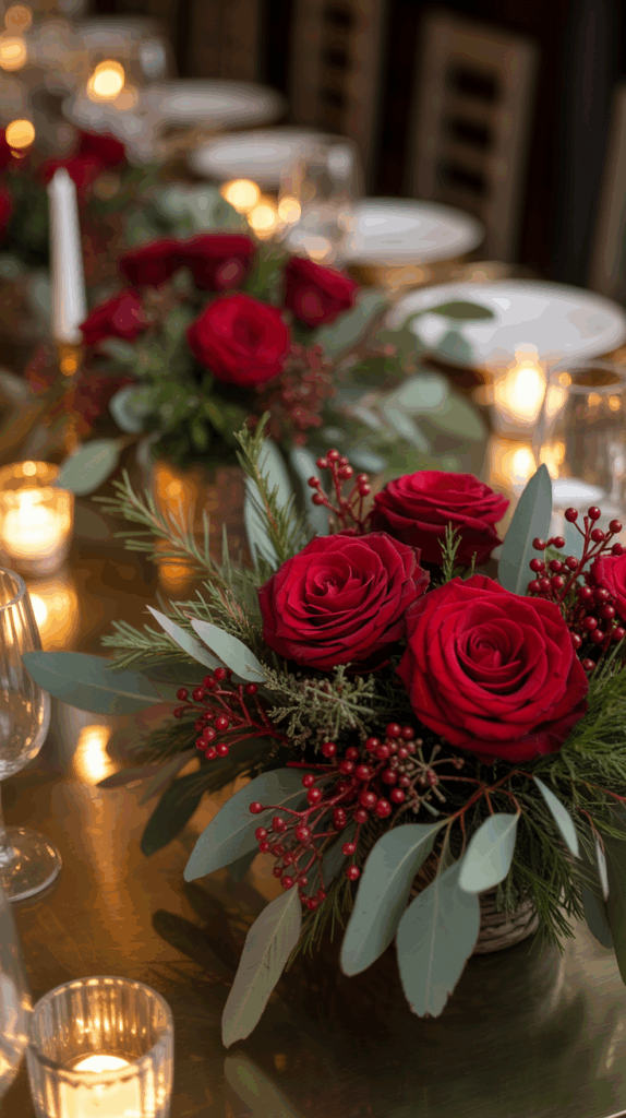 A festive table centerpiece featuring red roses, green foliage, and red berries arranged in a decorative display, surrounded by lit candles and set dining tableware.