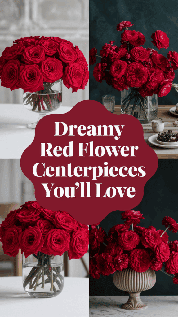 A collage of red flower centerpieces featuring lush arrangements of roses and other red flowers in various vases. The text "Dreamy Red Flower Centerpieces You'll Love" is overlaid in the center.