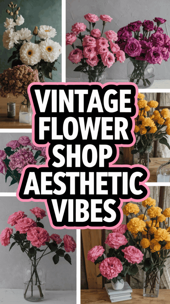 Collage of various floral arrangements with a retro aesthetic, featuring pink, white, and purple flowers alongside the text 'Vintage Flower Shop Aesthetic Vibes' in bold letters.
