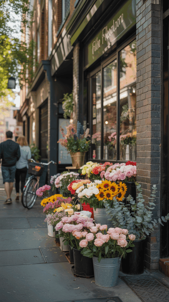 A flower shop with a variety of colorful flowers arranged in buckets outside on the sidewalk, including sunflowers, roses, and other blossoms; a couple walks by in the background.