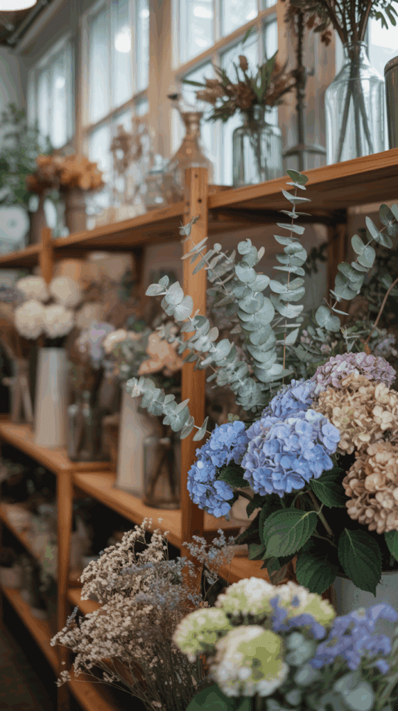 A variety of colorful flowers, including blue and purple hydrangeas and eucalyptus, are displayed on wooden shelves in a well-lit room with windows above.