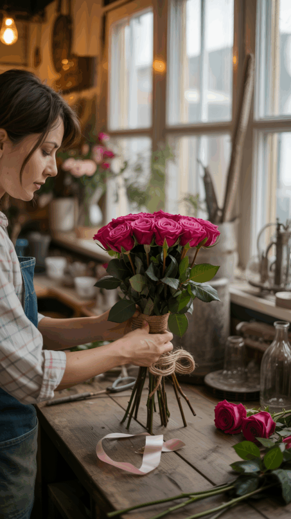 A woman arranging a bouquet of vibrant pink roses on a wooden table, tying the stems with twine in a warmly lit room with large windows.