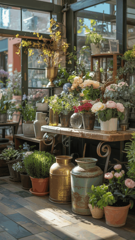 A sunny room filled with assorted potted flowers and plants, arranged on a wooden table and surrounding floor. The scene includes various containers, such as metallic vases and clay pots, with a mix of colorful blossoms like pink peonies and green foliage. Natural light streams through large windows, adding warmth to the cozy setting.
