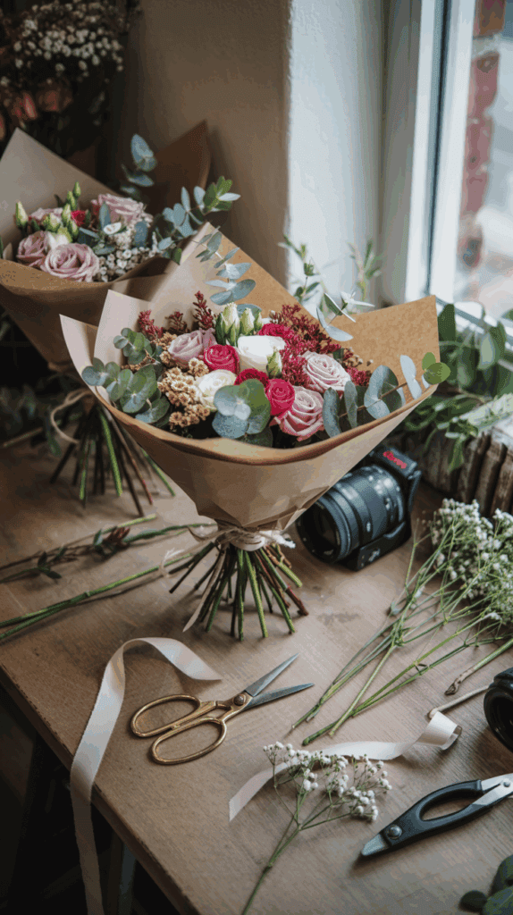 Two bouquets of mixed flowers including roses and eucalyptus, wrapped in brown paper and placed on a wooden table near a window alongside scissors and floral trimmings.