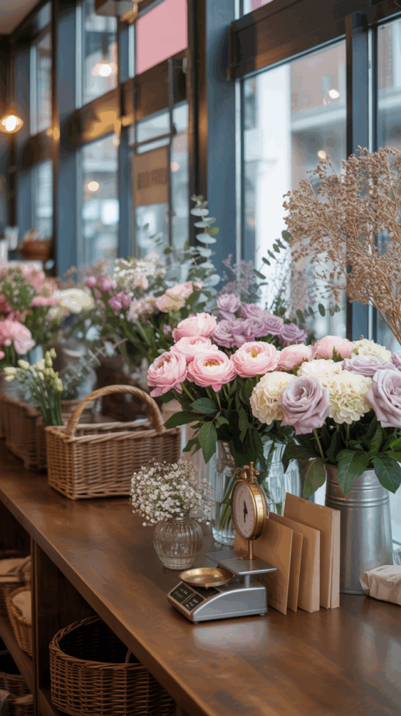 A flower shop display featuring an assortment of pastel-colored flowers including pink and purple roses, arranged in baskets and vases on a wooden counter. A vintage-style clock scale and some envelopes are also placed on the counter, with large windows allowing natural light to illuminate the scene.