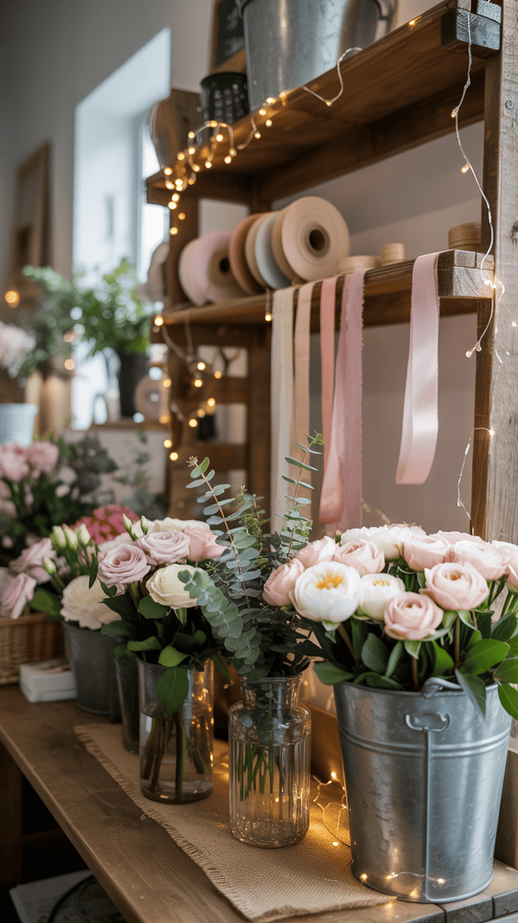 A cozy flower shop interior featuring bouquets of pink and white roses in metal and glass vases. String lights decorate wooden shelves holding various spools of ribbon, creating a warm and inviting atmosphere.