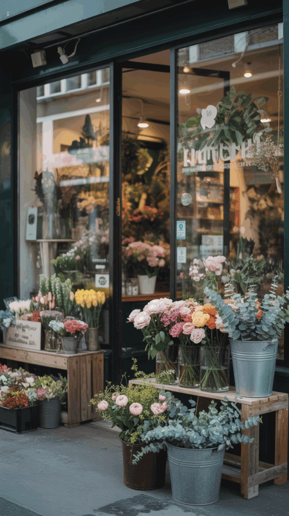 A charming flower shop entrance with a variety of colorful flower arrangements displayed outside in metal buckets and wooden crates.
