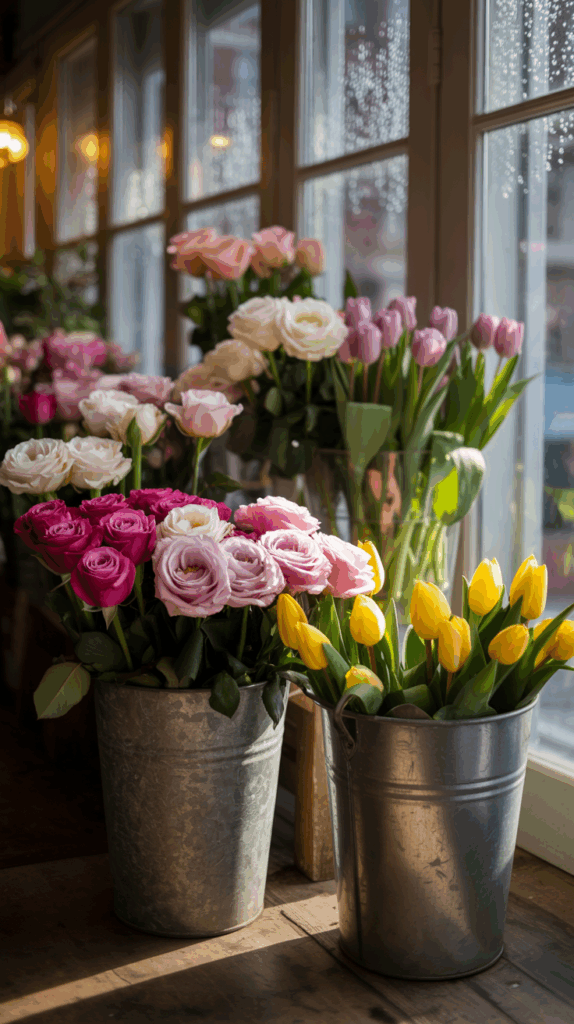 A collection of colorful flowers, including pink roses, white peonies, and yellow tulips, arranged in metal buckets by a window with raindrops on the glass, creating a cozy indoor atmosphere.