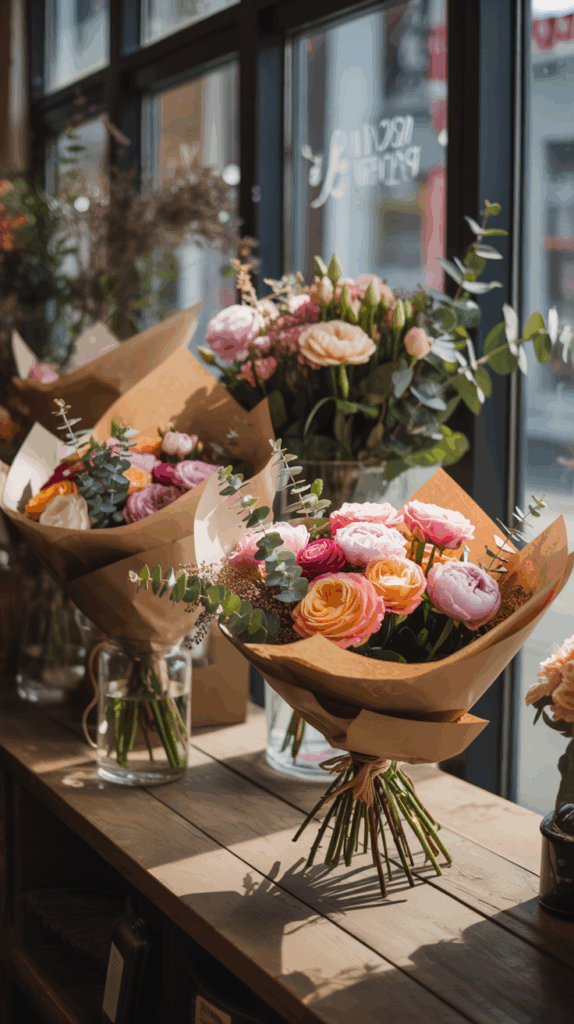 Vibrant bouquets of pink, orange, and yellow flowers wrapped in brown paper and displayed in jars with water along a wooden shelf, illuminated by natural light from a window.