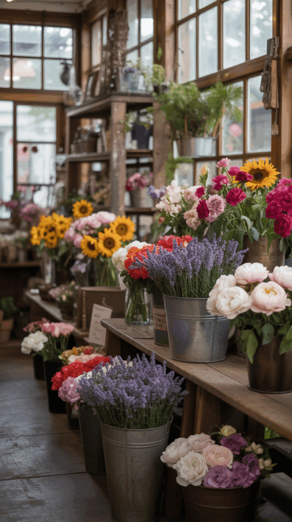 A charming flower shop with a variety of colorful flowers, including sunflowers, lavender, and roses, displayed in metal buckets on wooden shelves and tables.