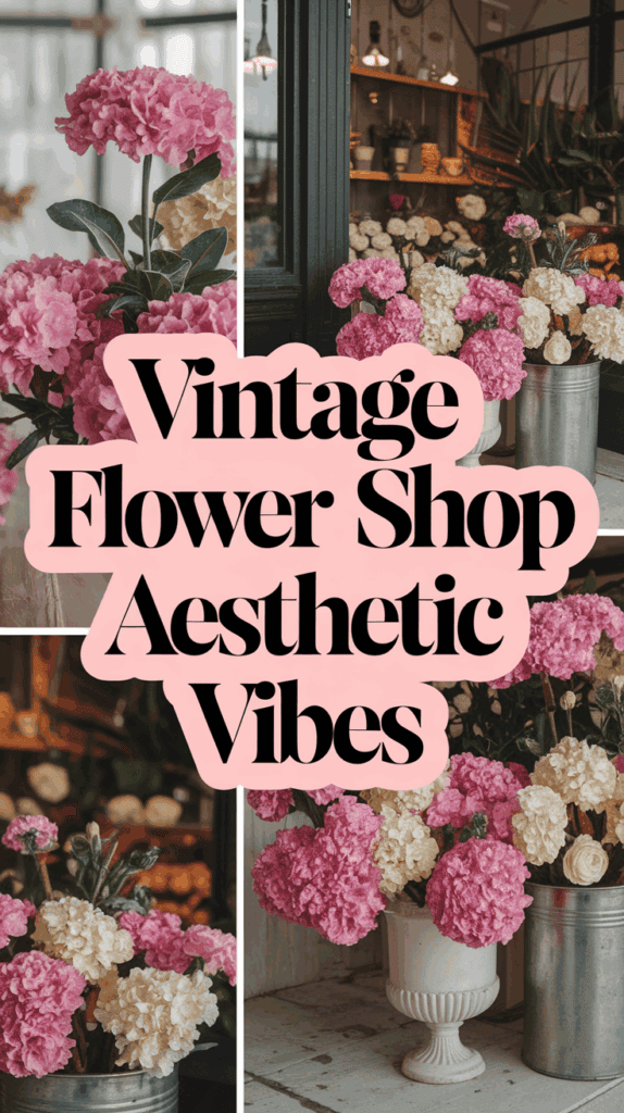 Collage of vintage-style flower arrangements featuring pink and cream hydrangeas in metal and ceramic vases with the text 'Vintage Flower Shop Aesthetic Vibes' in bold black letters on a pink background.