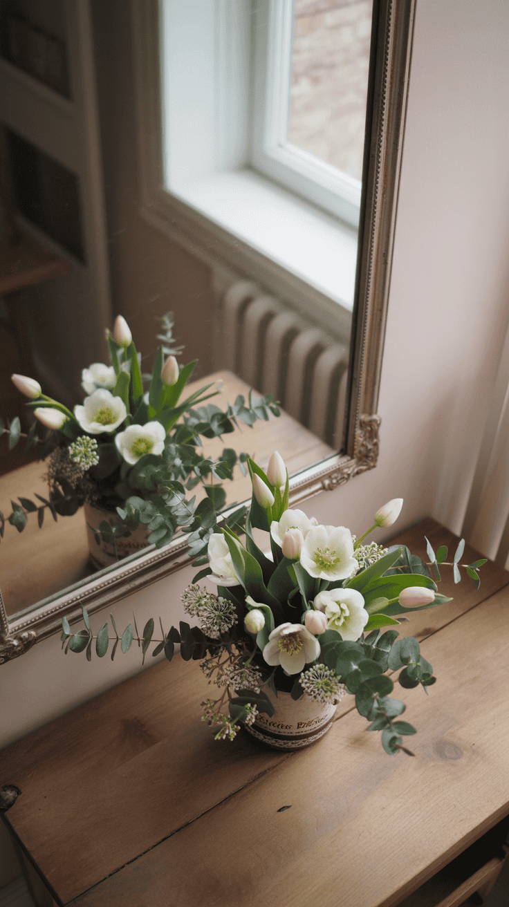A bouquet of white flowers and pink tulips in a vase on a wooden table, reflected in a mirror next to a window.