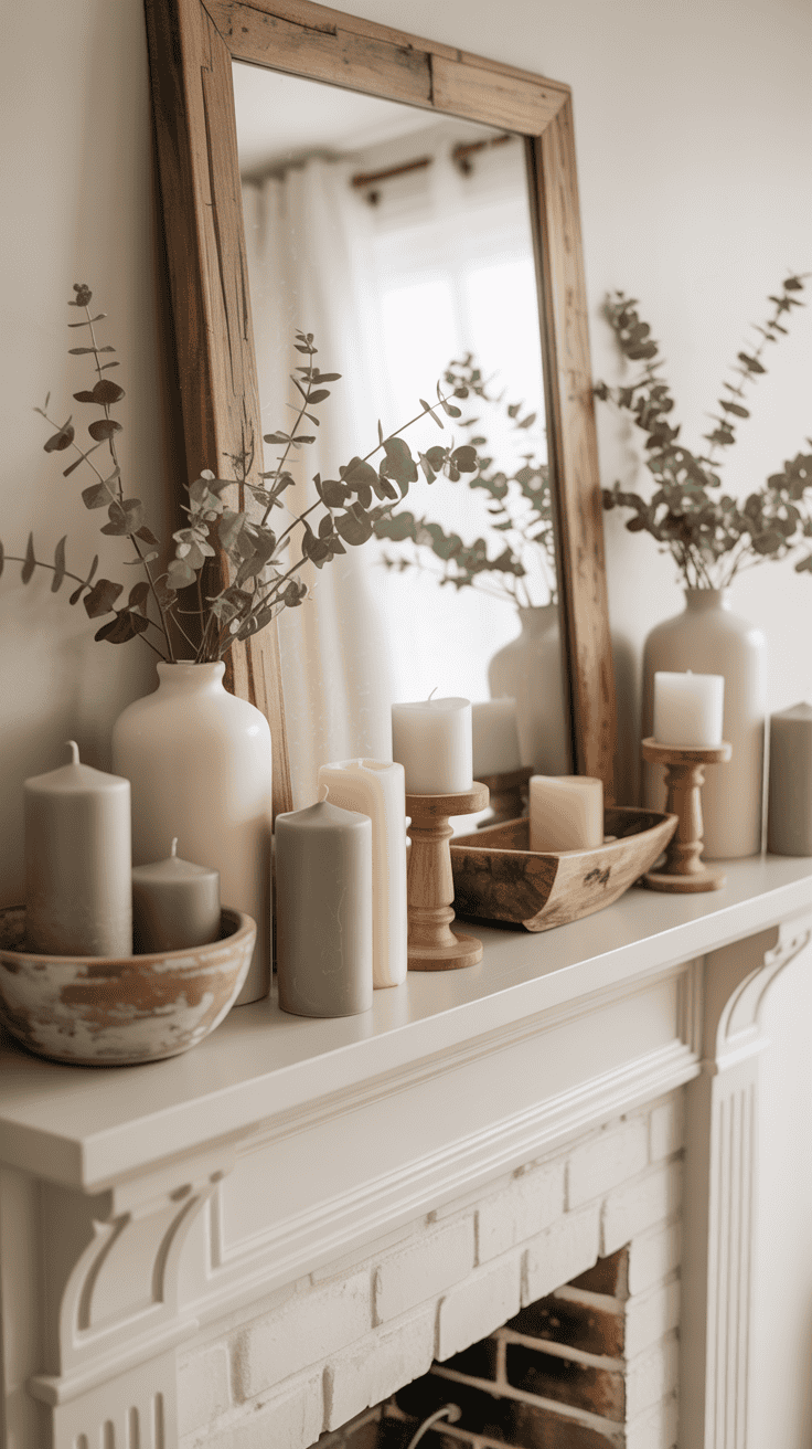 A mantelpiece decorated with various candles, eucalyptus branches in vases, and a wooden-framed mirror, creating a cozy and natural ambiance.