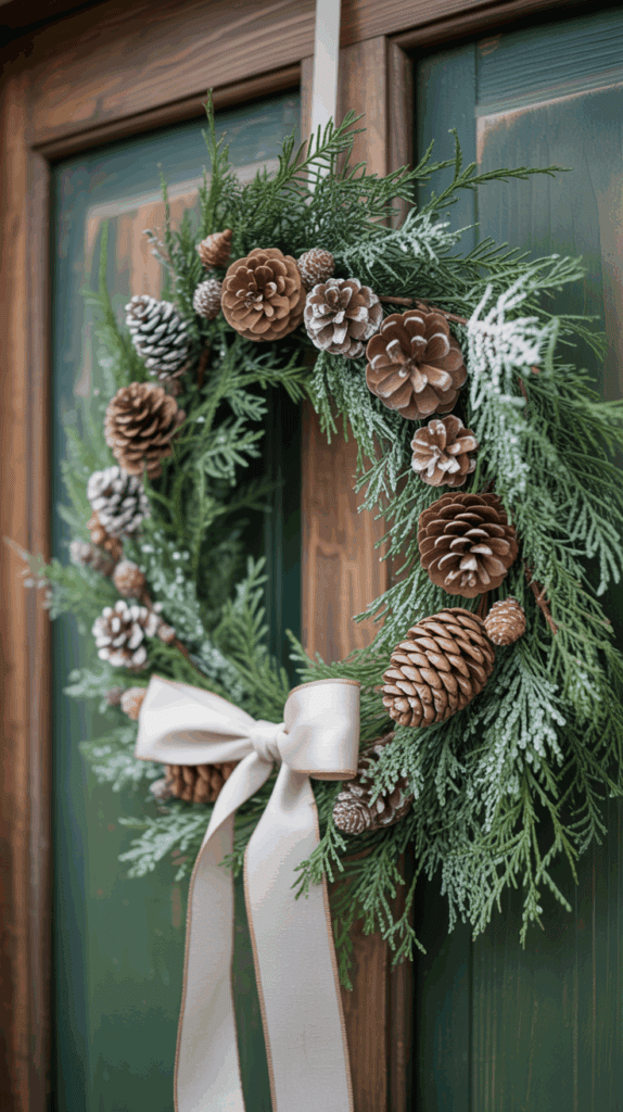 A decorative holiday wreath made of pine branches and pinecones, adorned with a white bow, hanging on a wooden door with a green background.