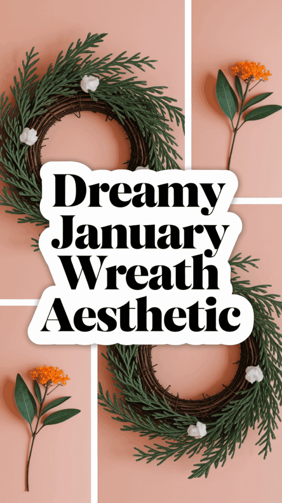 A collage featuring a wreath made of green foliage and white accents on a peach background, with the text "Dreamy January Wreath Aesthetic" in bold black letters in the center.