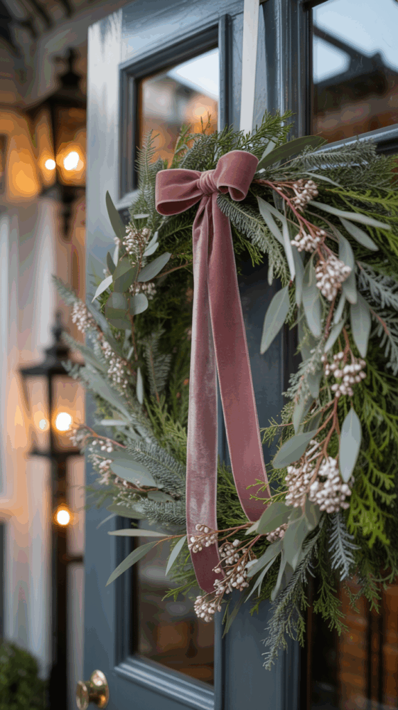 A decorative wreath with green foliage, white berries, and a large mauve velvet bow is hanging on a dark-colored front door, with a softly lit lantern in the background.