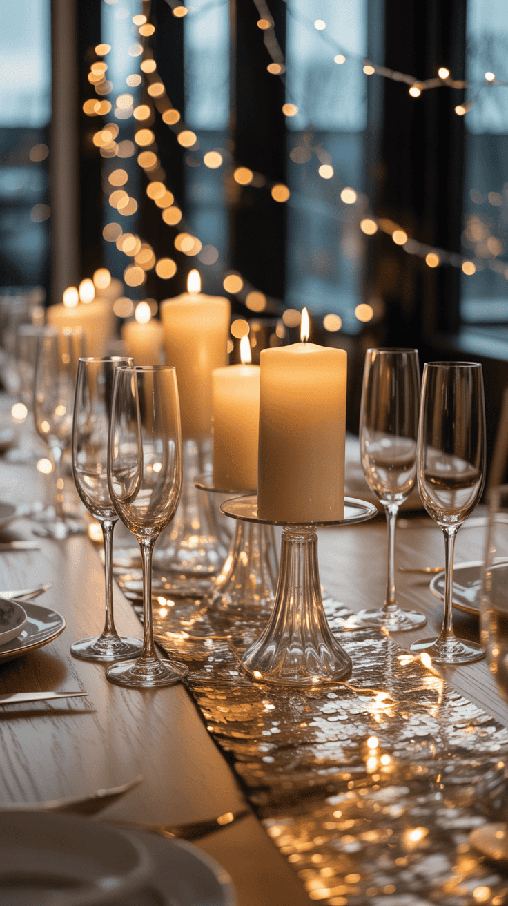 A beautifully set dining table with lit candles and string lights, featuring elegant glassware and a shimmering table runner.
