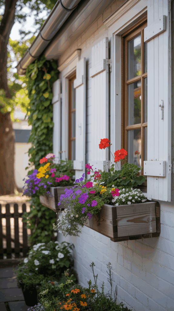 Colorful flowers in wooden flower boxes under windows with white shutters on the side of a house.