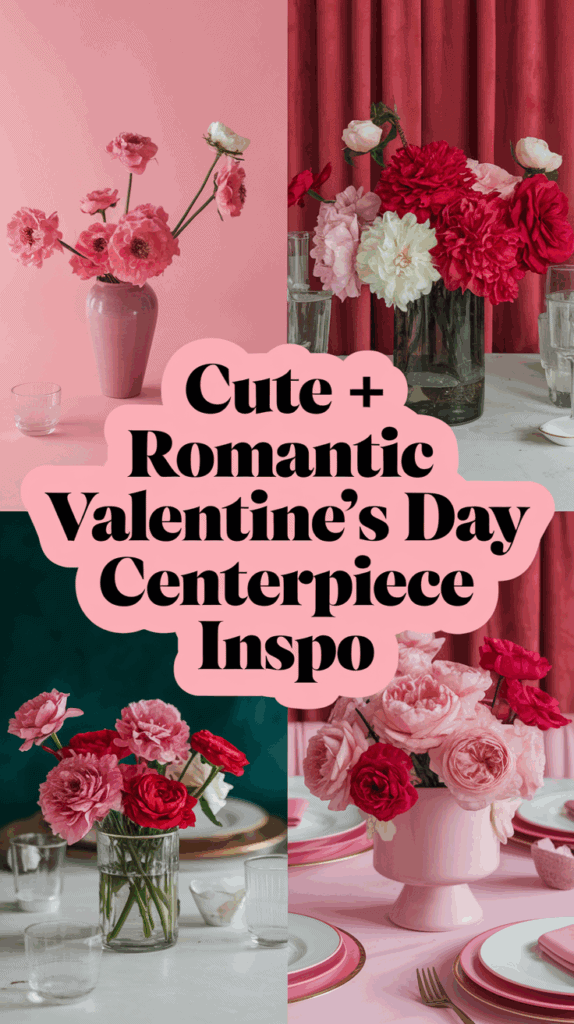 A collage of Valentine's Day centerpiece ideas featuring pink and red floral arrangements in various vases, set against pink and red backgrounds. The text in the center reads 'Cute + Romantic Valentine's Day Centerpiece Inspo' in bold black letters on a pink background.