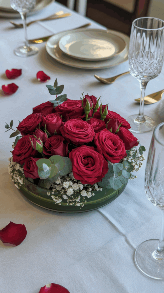 A round floral centerpiece with red roses, eucalyptus leaves, and sprigs of baby's breath on a white tablecloth, surrounded by scattered red rose petals, alongside white dinnerware and crystal wine glasses.