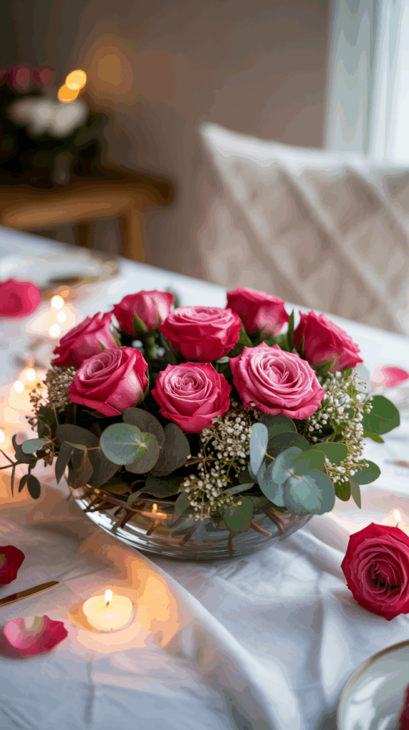 A centerpiece of vibrant pink roses and greenery arranged in a glass bowl, surrounded by small lit candles on a white tablecloth, creating an elegant and romantic setting.