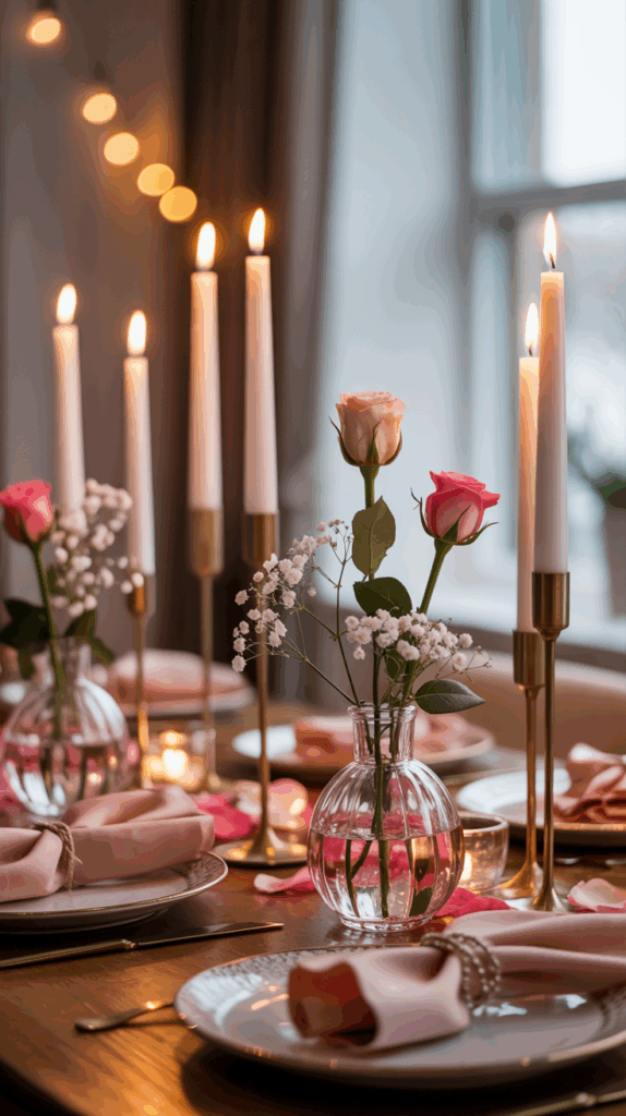 A beautifully arranged dining table with tall white candles, pink roses in a glass vase, and neatly folded napkins on white plates, creating a romantic ambiance.