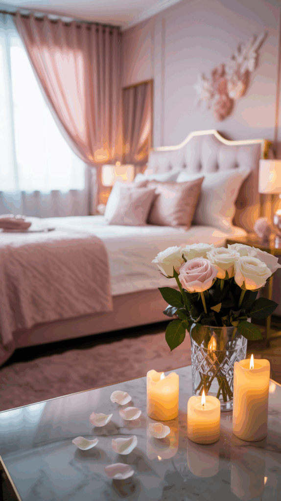 A cozy bedroom with pink decor, featuring a neatly made bed with white and pink pillows, sheer pink curtains, a bouquet of white and pink roses in a glass vase, and several lit candles on a marble table, creating a warm and inviting atmosphere.