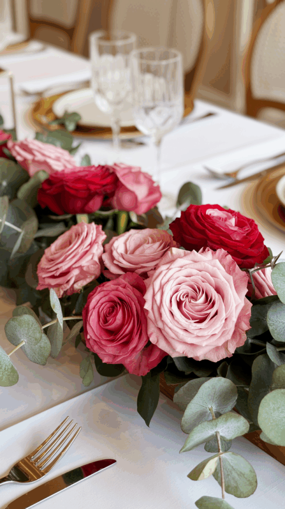 A decorative floral arrangement of pink and red roses with eucalyptus leaves on a white tablecloth, accompanied by elegant glassware and gold-accented plates in a dining setting.