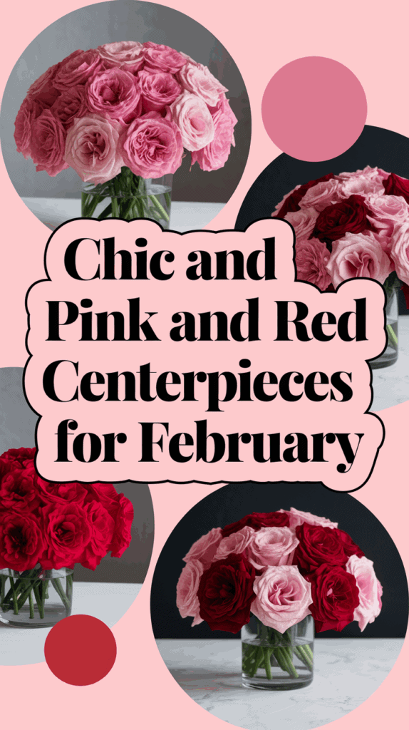 A collage of pink and red floral centerpieces in vases, set against a pink background, with the text 'Chic and Pink and Red Centerpieces for February.'