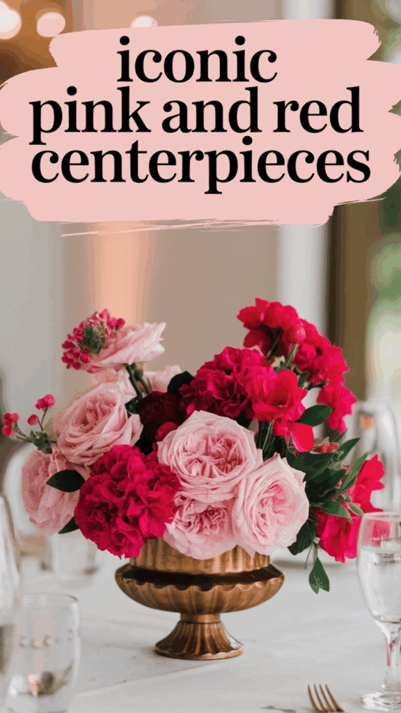 A table centerpiece featuring a variety of pink and red roses in a gold vase, styled elegantly on a white tablecloth.